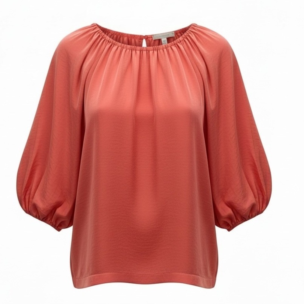 Ann Taylor Coral Pink Puff Sleeve Gathered Neck Blouse XL Satin Top